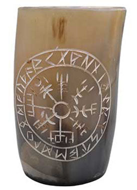 Rune buffalo horn mug with detailed carvings, perfect for enjoying beverages or decorative use