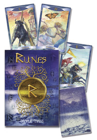 Rune oracle cards set featuring beautifully illustrated cards with mystical designs and a guidebook