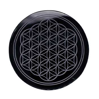 Wolf Moon Azure round black obsidian flower of life altar tile tabletop inlay engraved geometric design