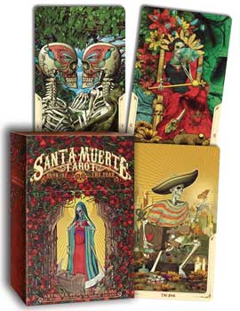 Santa Muerte tarot deck book box with colorful skeletal card illustrations from www.Wolfmoon.store