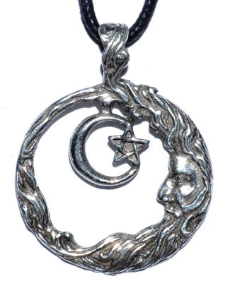 Wolf Moon Azure silver crescent moon face pendant with pentagram charm on black cord wicca wisdom amulet pendant