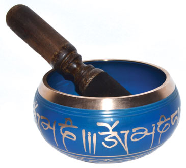 Blue 5 inch singing bowl for meditation with a wooden mallet for sound healing practices