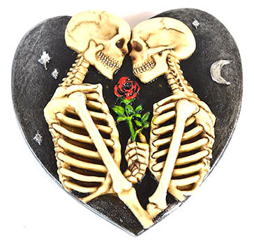 Skeleton lovers incense burner in heart shape featuring two skeletons holding a rose