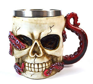Skull octopus mug featuring a detailed skull design with red tentacles wrapping around the handle