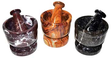 Small mortar and pestle set in three colors: red, brown, and black marble for grinding spices
