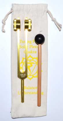 Solar plexus tuning fork set with wooden mallet and carrying pouch for sound healing therapy
