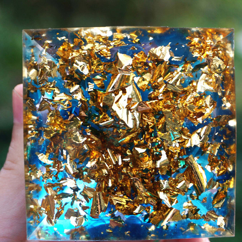 Wolf Moon Azure Spiritual Protection Crystal Pyramid with Glittering Gold and Blue Details