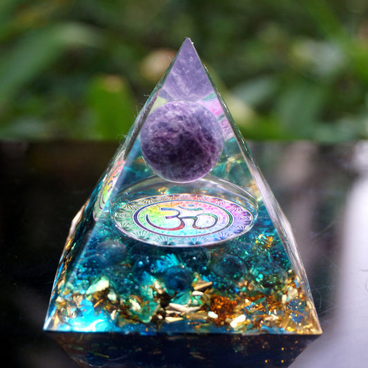 Wolf Moon Azure Spiritual Protection Crystal Pyramid with Amethyst Sphere and Vibrant Resin Base