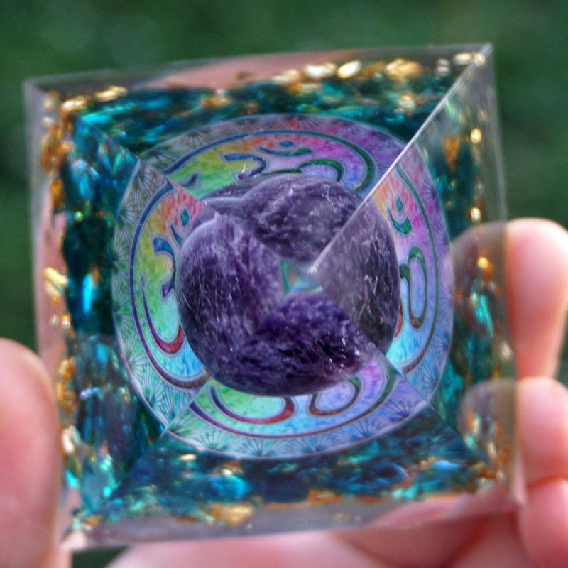 Wolf Moon Azure Spiritual Protection Crystal Pyramid with Multi-Colored Details and Purple Center Stone