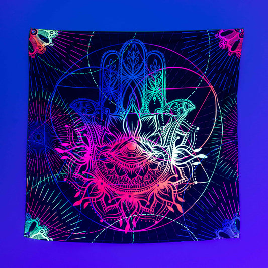 Colorful tapestry featuring a mandala design with a hand and eye, perfect for spiritual wall hanging decor