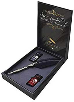 Steampunk engraved quill pen set in a gift box with ink bottles for writing enthusiasts