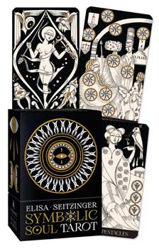 Symbolic Soul Tarot deck by Elisa Seitzinger showing black and white illustrated tarot cards with gold accents