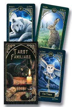 Tarot Familiars deck featuring mystical animal illustrations including a wolf, rabbit, owl, and black cat with candlelight