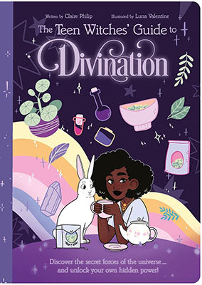 The Teen Witches Divination Book with colorful illustrations and a girl practicing divination with a rabbit