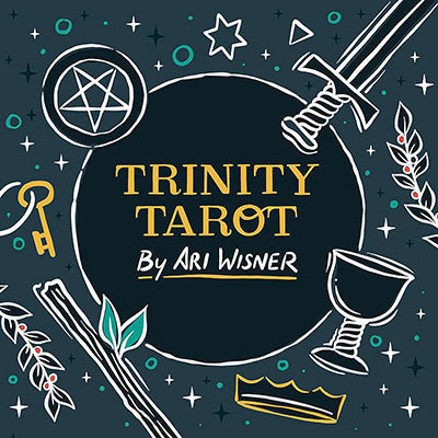 Cover of Trinity Tarot deck book by Ari Wisner featuring mystical symbols and dark background