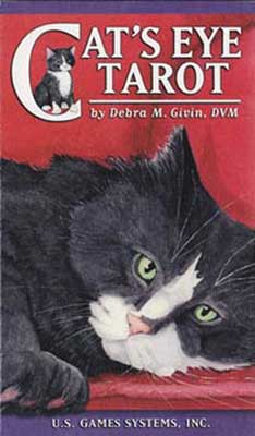 Cat's Eye Tarot Deck featuring black and white cat artwork on the cover with green eyes