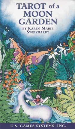 Tarot of a Moon Garden deck book by Karen Marie Sweikhardt with colorful fantasy garden illustration