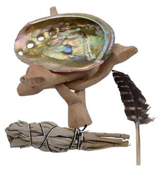 White sage smudging kit featuring abalone shell, feather, and bundled sage sticks