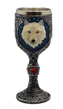 White wolf chalice with intricate design and detailed wolf head, perfect for themed gatherings