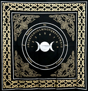 Wolf Moon Azure triple moon altar cloth black with gold Celtic knot border and ouija alphabet circle