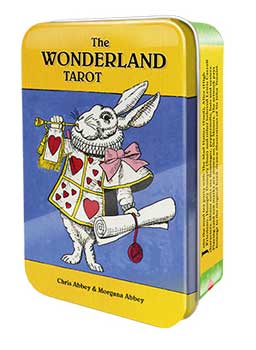 Wonderland Tarot tin featuring vintage white rabbit illustration with hearts and scroll on blue background
