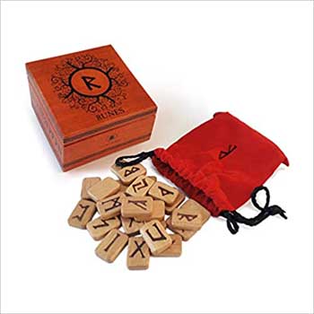 Wooden rune set with box featuring engraved runes and a red drawstring pouch for storage